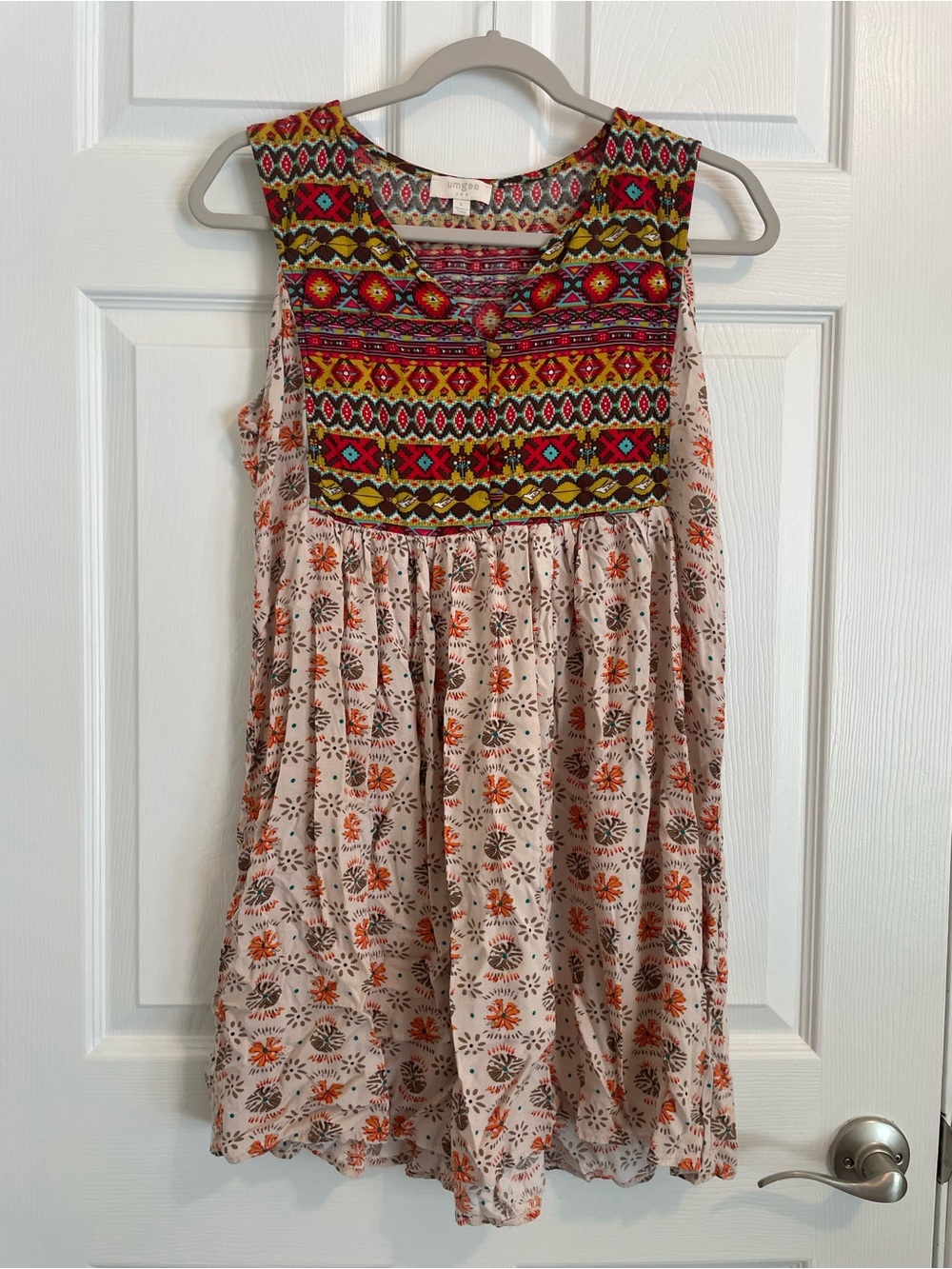 Umgee Boho Aztec Southwestern Sleeveless Babydoll Tunic Dress Festival Large